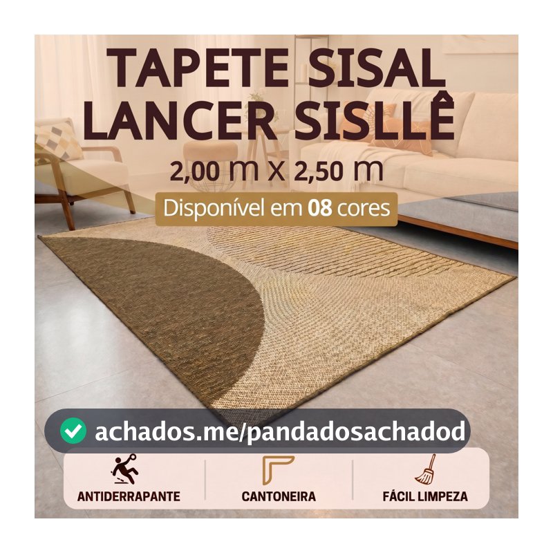Tapete Sisal 250x200 cm Lancer Sisllê Antiderrapante Cantoneira Aço Cromado Sala Quarto Escritório