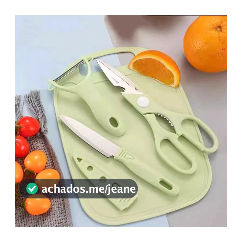 Kit De Utensílios De Cozinha 4 Peças Faca Tesoura Descascador Tábua Culinária