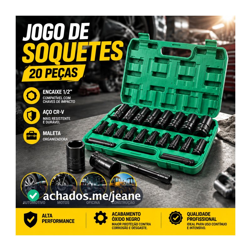 Jogo de Soquetes de Impacto Longo 1/2 20 Peças 8 a 32mm Aço Cr-V para Automotivo com Maleta Kit Ferramentas
