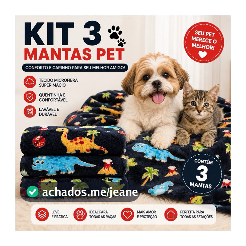 Kit 3 Mantas Pet Soft Cachorro e Gato 80x60 Cobertor Fleece Macio Lavável
