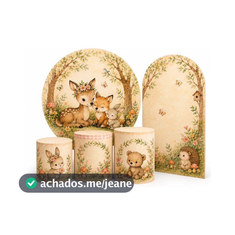 Kit Capa Painel Redondo 150x150cm Mais Trio Capas Cilindros Mais Capa Romano 2x1 Veste Facil - Tema Floresta Encantada