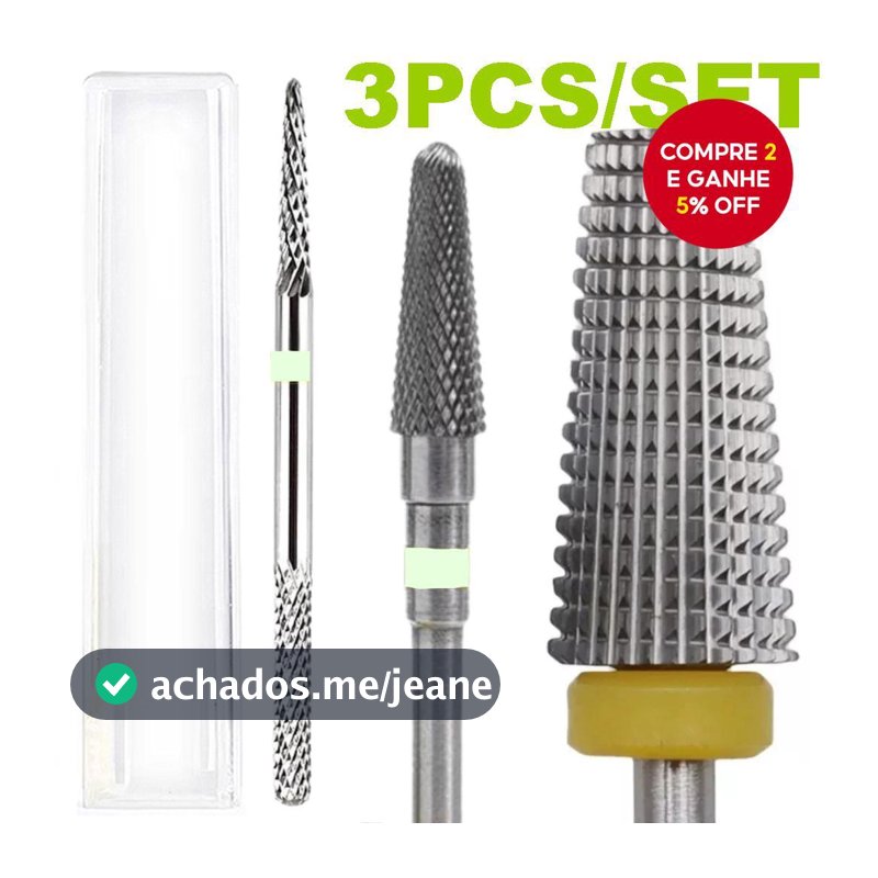 Kit de 3 Peças - Brocas de Tungstênio Profissionais para Máquina de Lixar Unhas Elétrica, Eficazes para Remover Gel.