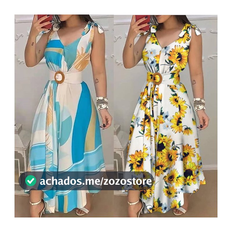 Vestido Longo Feminino Floral Boho Estampado Cinto Balanço Sem Mangas Com Decote Em V