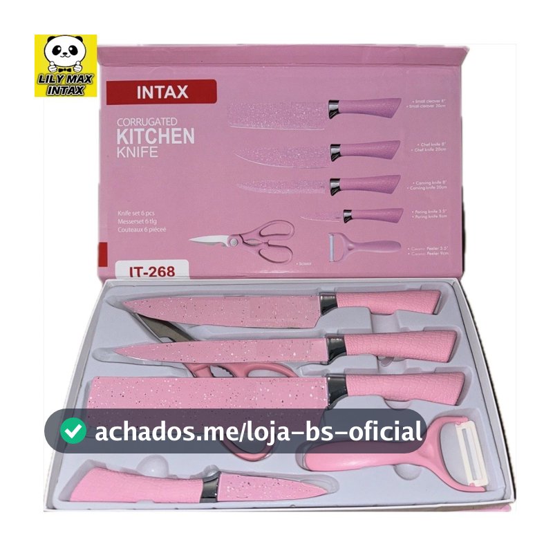 Jogo De Facas Inox Descascador E Tesoura 6 Peças Rosa
