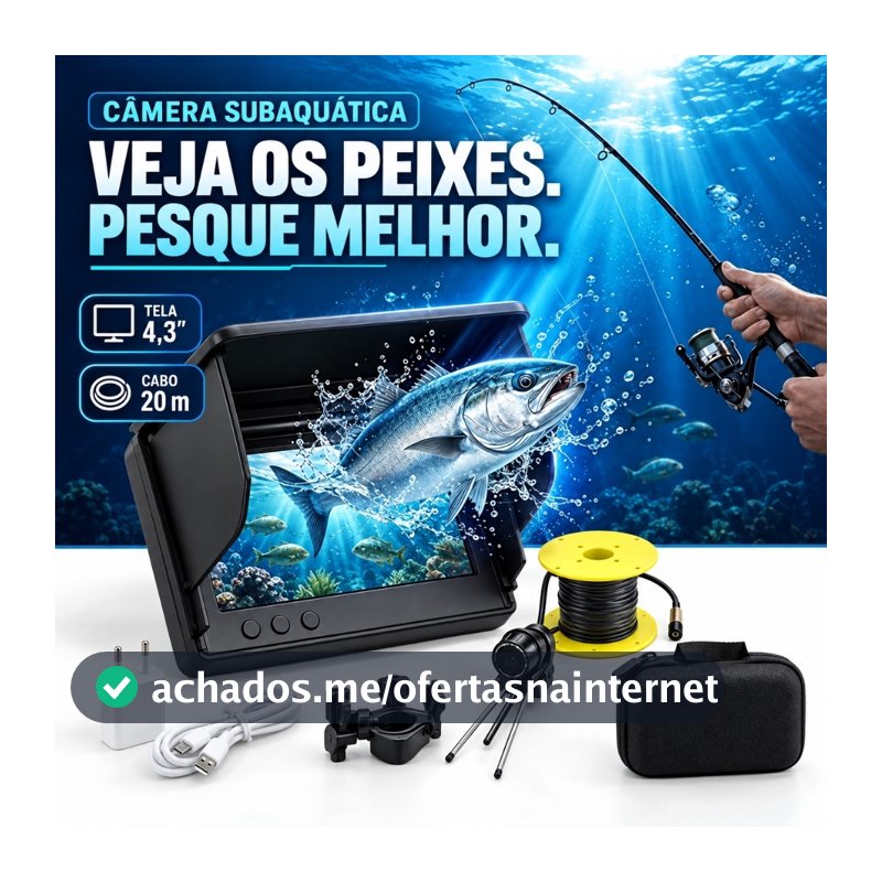 Câmera Subaquática para Pesca com Monitor IPS 4,3” 1080P IP68 Cabo 20m Bateria 10000mAh