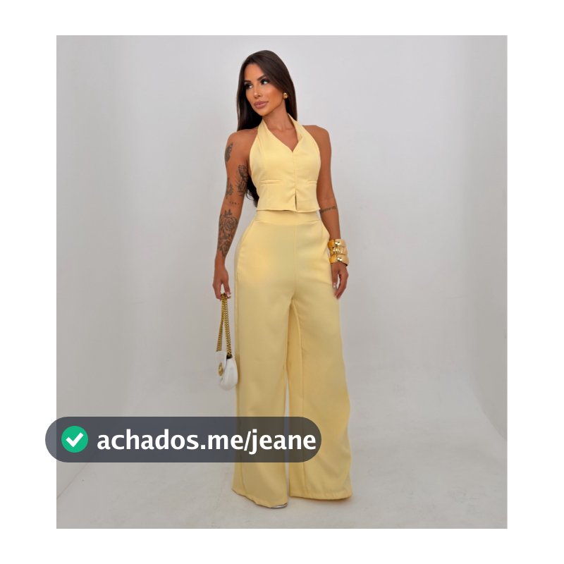 Conjunto Feminino Alfaiataria Calça Pantalona Cintura Alta e Cropped Colete Frente Única Elegante