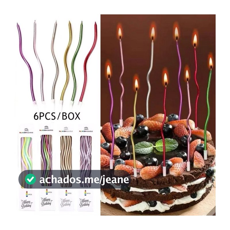 Kit 6 Velas Curvas de Parafina para Aniversário Decoração de Bolo
