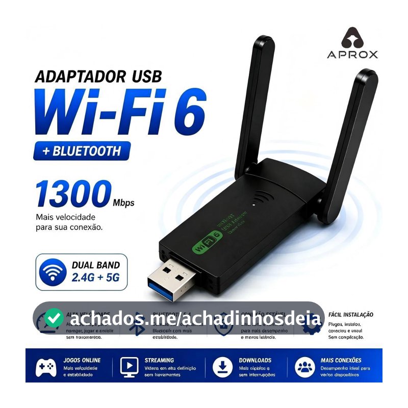 Adaptador USB Wi-Fi 6 Dual Band 2.4GHz+5GHz Até 1300Mbps Alta Velocidade para Notebook e Desktop-APROX
