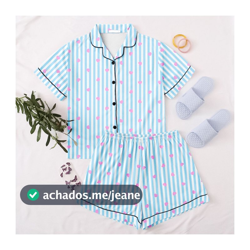 Pijama de Botão Americano Feminino Blogueira Estiloso Temático Meia Manga Short Doll Fofo