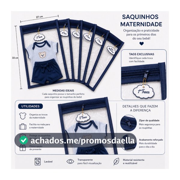 6 Saquinho Maternidade Organizador Viagem Mala Bebê  + 6 TAG MALA/VIAGEM/ROUPA SECA/ROUPA LIMPA