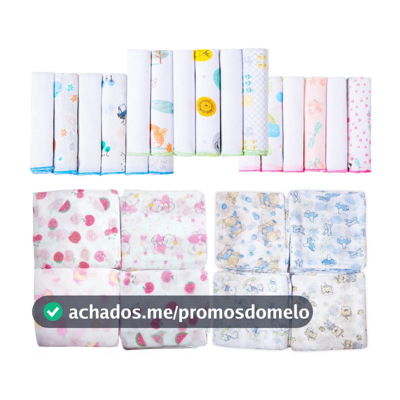 Kit 11 Peças - 5 Fraldas 60x60cm + 6 Paninho de Boca 30x30cm 100% Algodão Grande Macias Estampadas