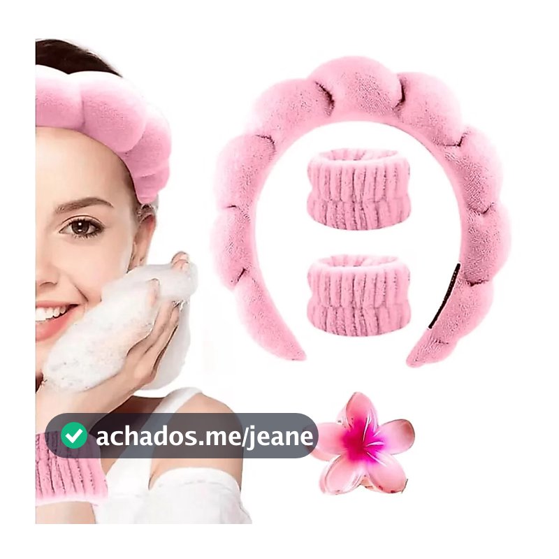KIT Acessórios de Skincare Spa Feminino - Tiara Nuvem, Faixa de Pulso, Presilha de Flor 4 Itens