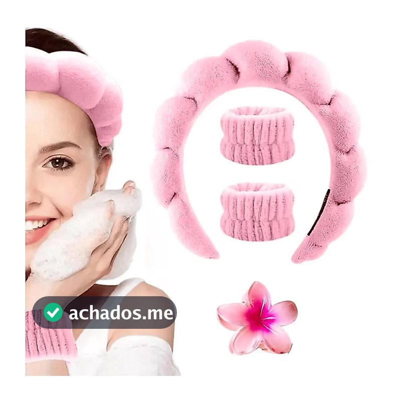 KIT Acessórios de Skincare Spa Feminino - Tiara Nuvem, Faixa de Pulso, Presilha de Flor 4 Itens