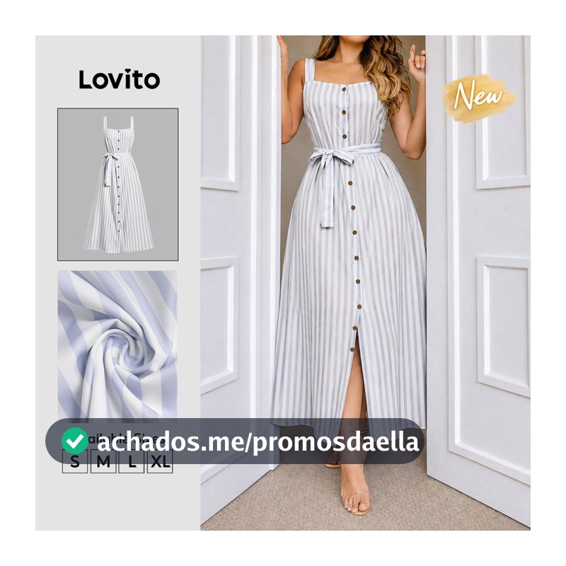 (New Arrival) Lovito Vestido Feminino Boho Listrado Azul E Branco Botões Frontais Linha a Primavera/verão Casual Para Fim De Semana E Férias DRB39BR123