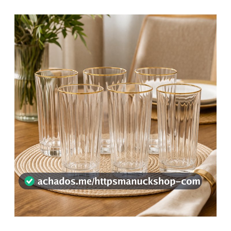 Jogo 6 Copos Altos Com Borda Dourada Em Vidro 370ml Bebidas