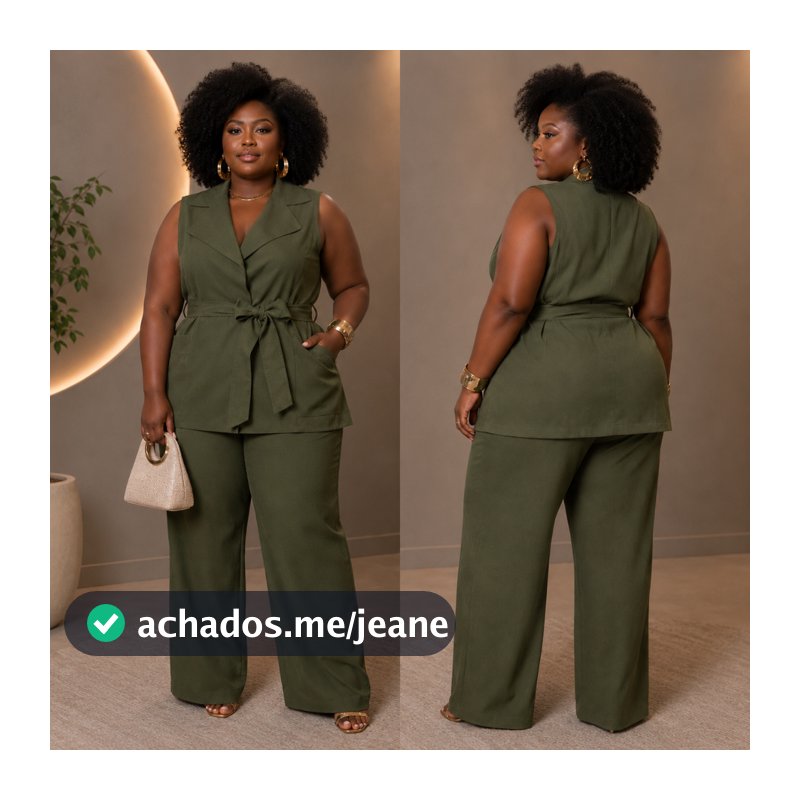 Conjunto Plus Size Feminino Colete Com Cinto Gola Lapela E Calça Social