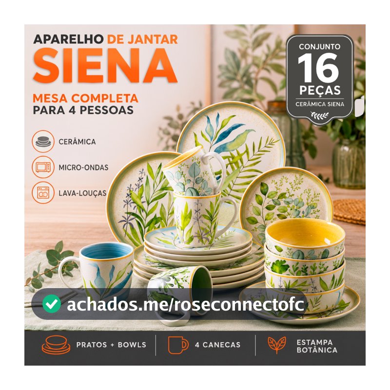 Aparelho de Jantar 16 Peças Cerâmica Siena com Bowls Pratos de Jantar e Sobremesa Rasos