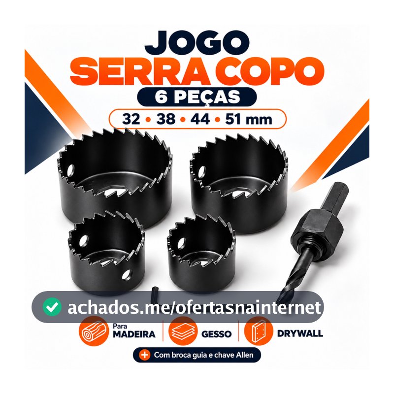 Kit Jogo Serra Copo 6 Peças Broca Madeira Gesso Drywall 32 38 44 51mm Furadeira Furador de Madeira Cortador de Furos