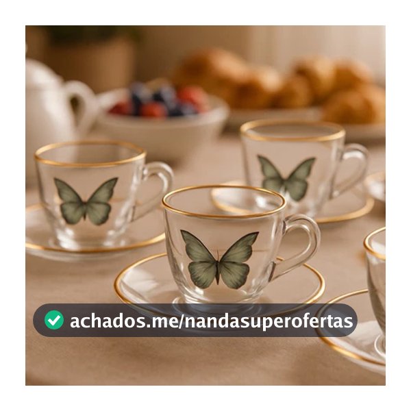 Jogo 4 Xícaras Com Pires Para Café De Vidro e Borda Dourada Butterfly 85ml Hauskraft