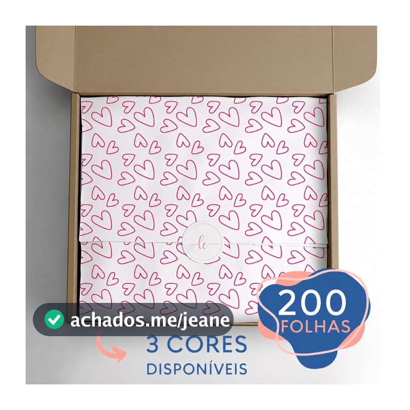 200 Folhas Papel De Seda Premium 30x70cm Estampado Coração em 3 Cores Disponíveis (Preto, Rosa ou Vermelho)