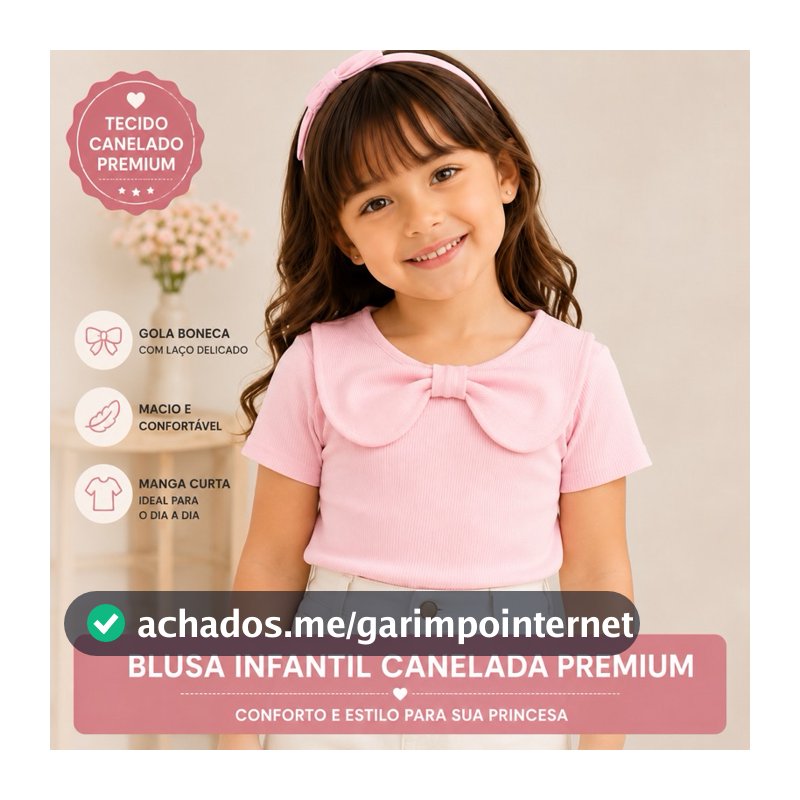 Blusa Infantil Menina Canelada Premium Manga Curta Gola Boneca com Laço Moda 2 a 10 Anos