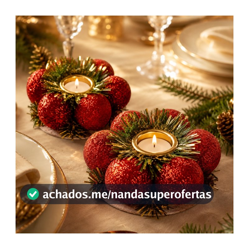 Porta Vela Natalino Castiçal Decorativo Mesa Aparador jantar Kit 2 Unidades Vermelho glitter