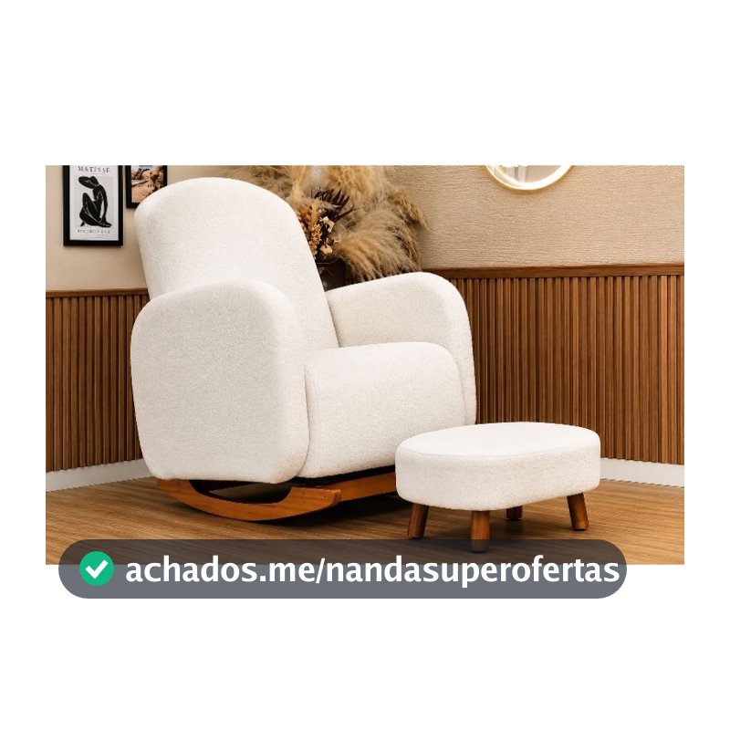 Poltrona de Amamentação Decorativa Curva  Balanço  Orgânica Boucle Bege ou Cinza com Puff para Sala Moderna Confortável!