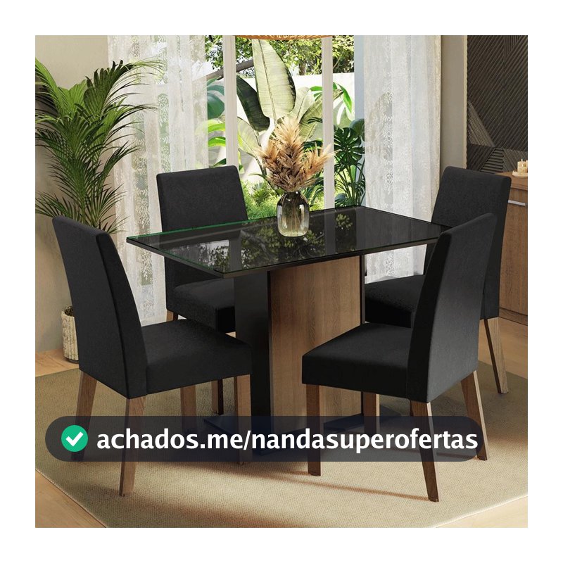 Conjunto Sala de Jantar Zion Madesa Mesa Tampo de Vidro 4 Cadeiras - Rustic/Preto/Oxford