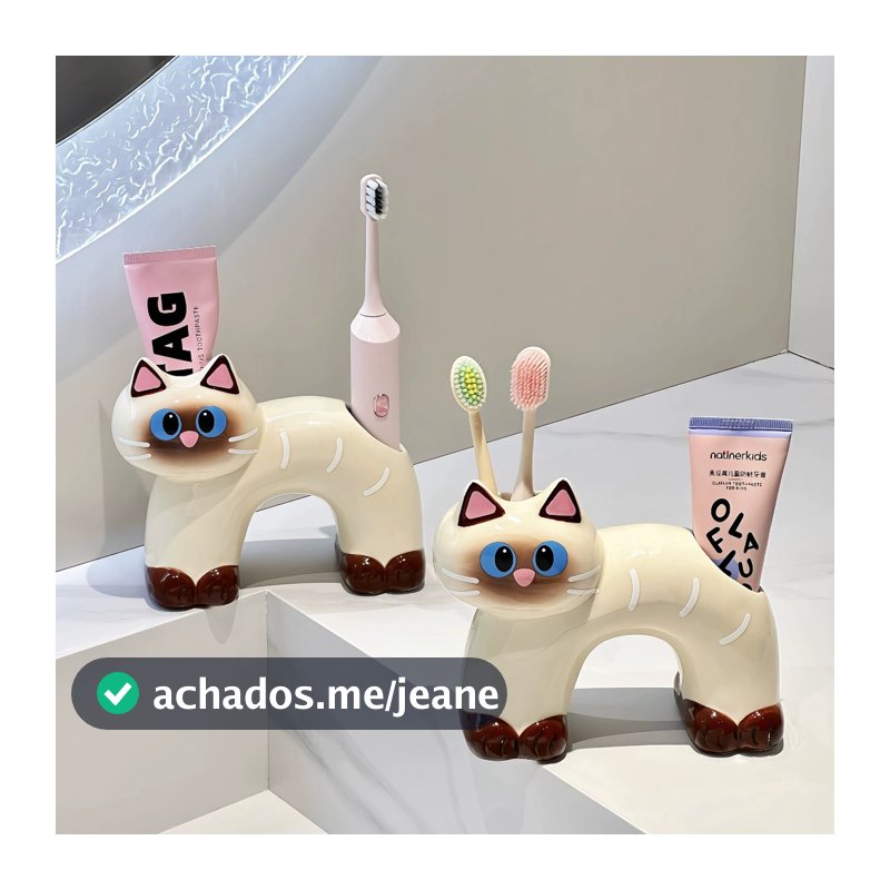 Porta-Escova de Dentes Gato Siamês em Cerâmica para Escova Elétrica e Pasta de Dente
