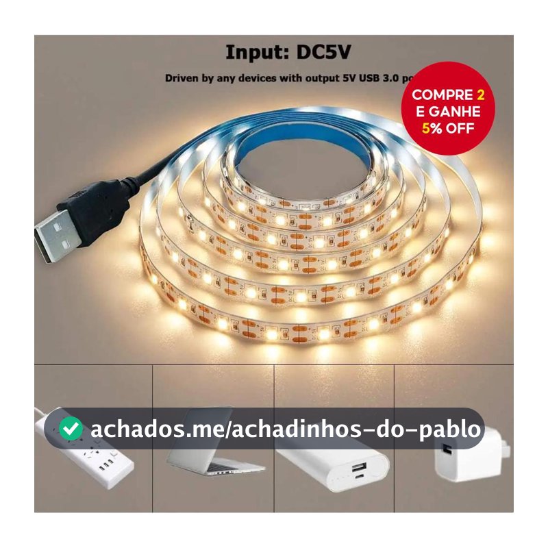 Fita de LED 2835 USB 5V – Luz Branca Quente e Fria para Iluminação Ambiental de TV, Decoração de Casa – Luminária
