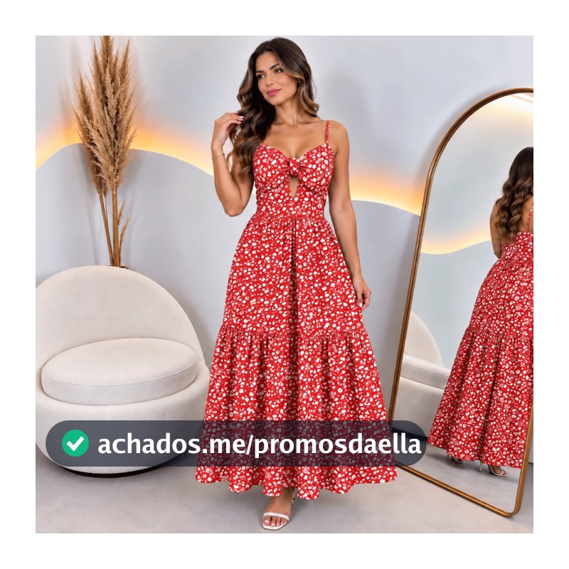 Vestido Feminino Longo Floral Crepe com Bojo Alça Regulável Abertura Elegante Pimenta Rosa