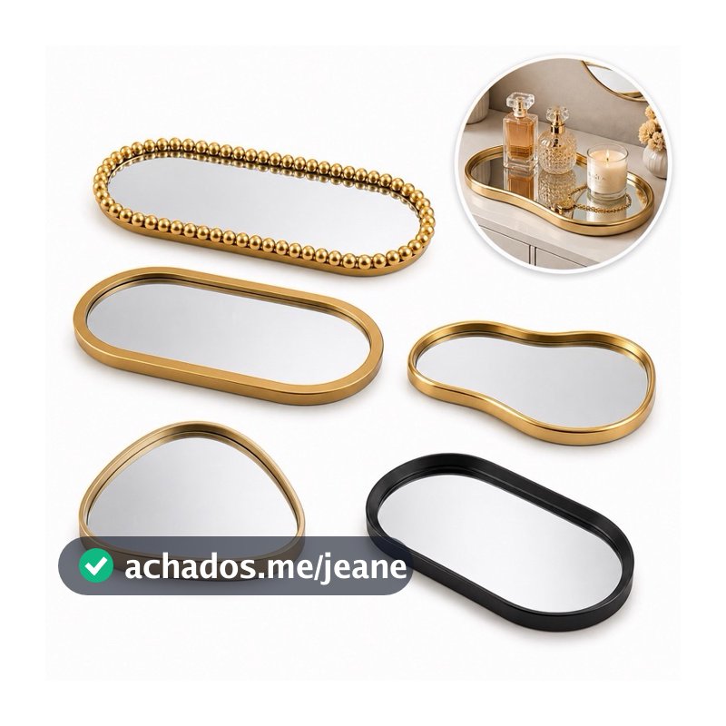 BANDEJA ORGANICA ESPELHADA DECORATIVA MULTIUSO BANHEIRO LAVABO SALA PRETO DOURADO