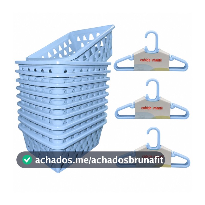 Kit 10 Cabides Infantil Azul + 10 Cestos Infantil Plástico Reforçado Criança Bebê Organizador