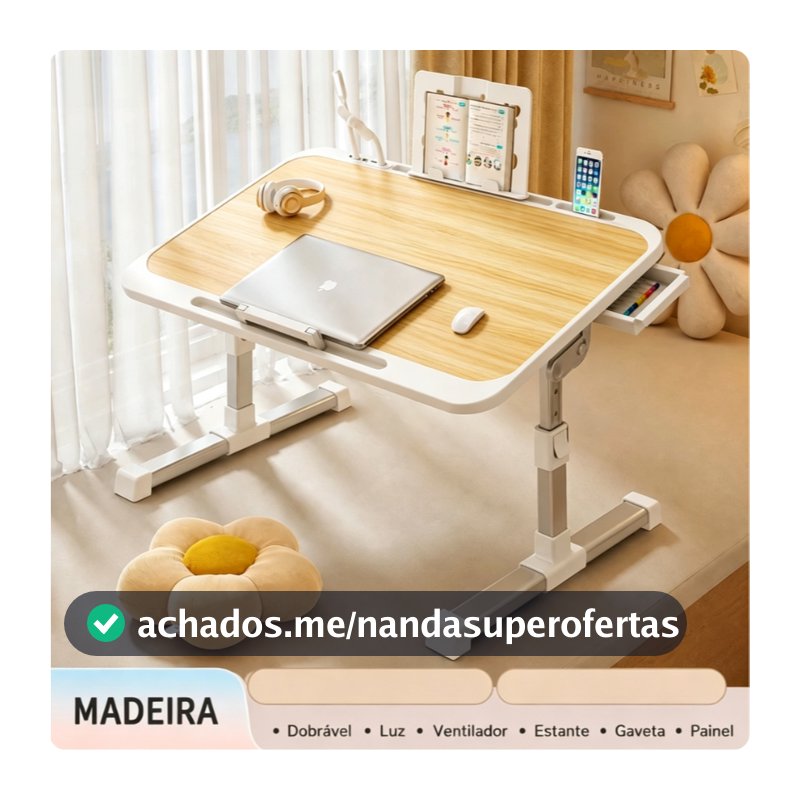 Mesa Dobrável para Notebook com Altura Ajustável, Ventilador, Gaveta e Luz LED – Portátil 2 em 1