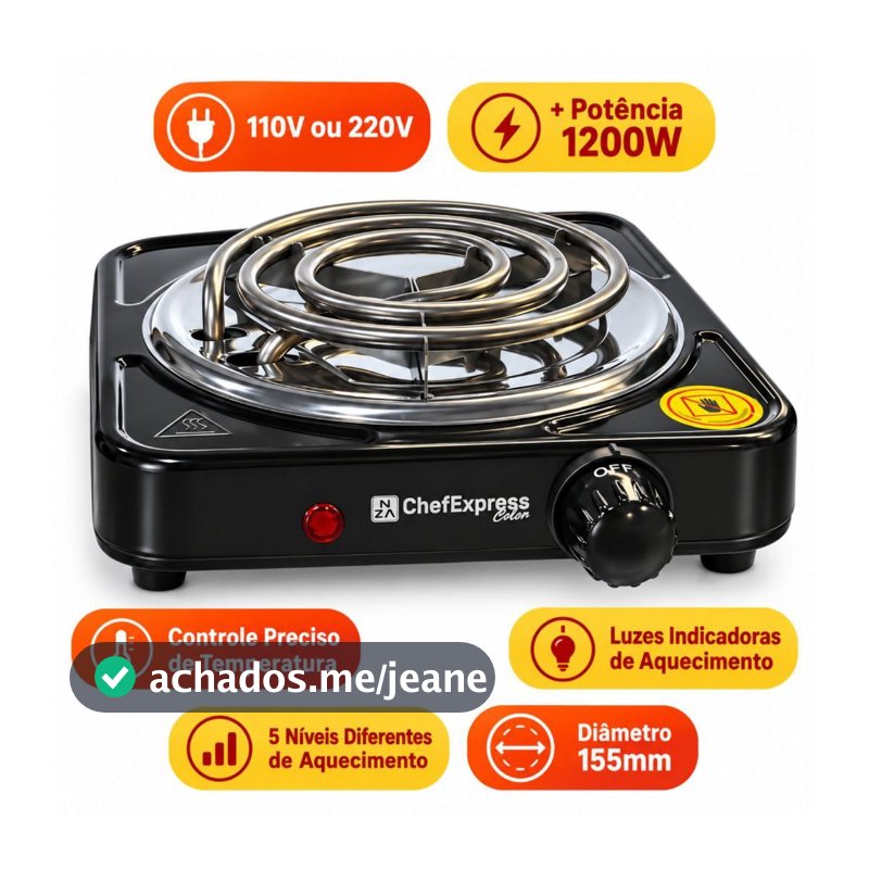Fogão Elétrico de Mesa 1000W 1 Boca Portátil Cooktop 110V 220V Prático Camping Viagem ChefExpress