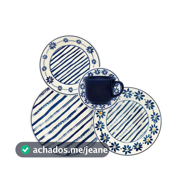 Aparelho de Jantar e Chá 20 Peças Biona Redondo de Cerâmica Azul Donna 24 Margaridas