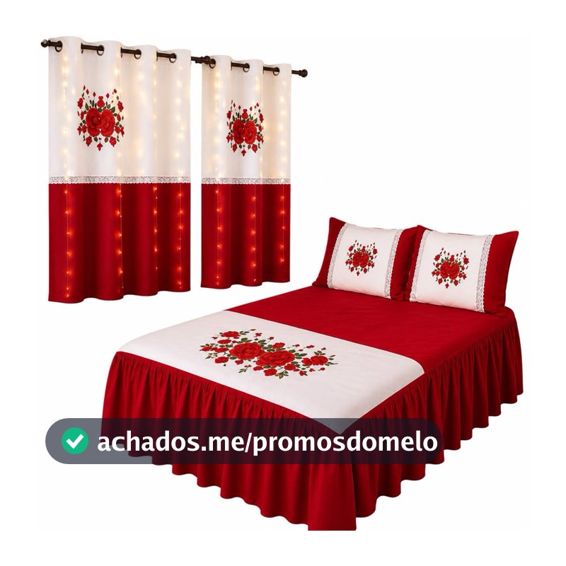 KIT DE QUARTO CASAL FLORAL 5 PEÇAS, COLCHA COM BABADO MEDIND 2.45 x 2.50M e DUAS CORTINA PARA JANELA