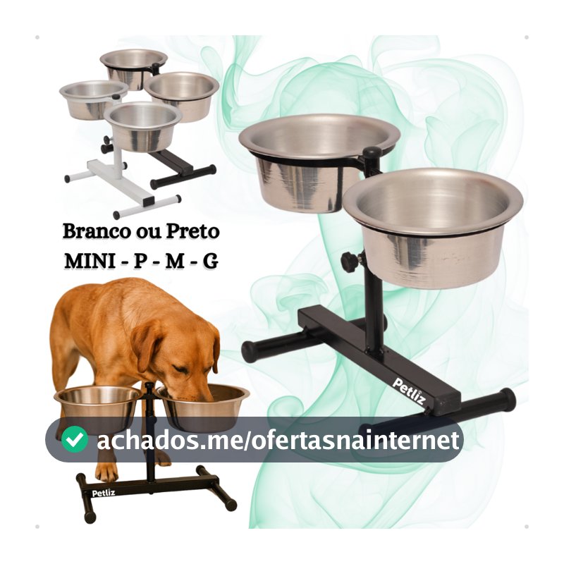Comedouro Duplo Elevado Alto Ajustável Regulável pra Cachorro P, M, G e Mini Gatos/Filhotes - Petliz