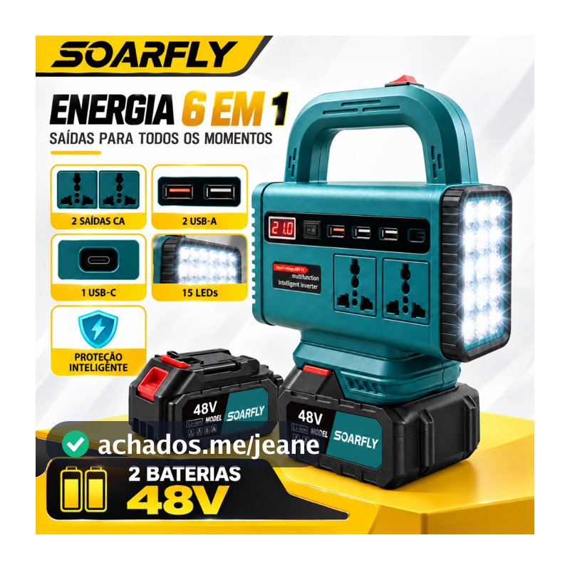 SOARFLY Inversor portátil com bateria de lítio e 48v 2 baterias 120w