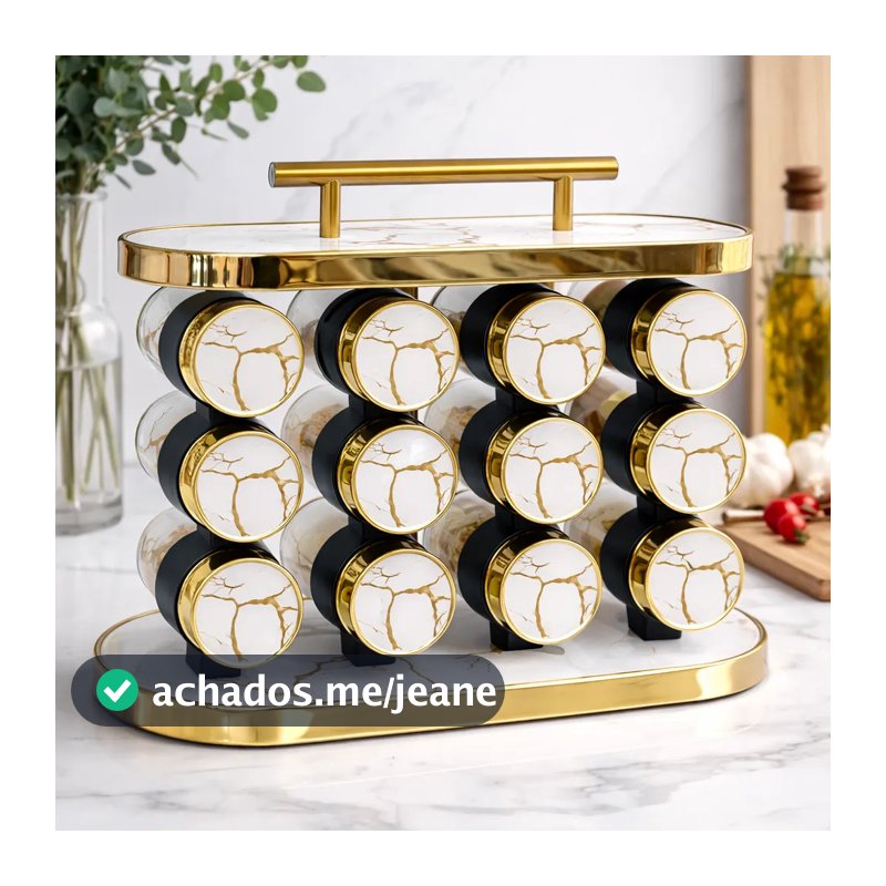 Porta Tempero com Suporte 12 Potes Branco e Dourado Cozinha Elegante Organizador de Condimentos