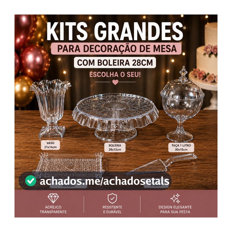 Kit Decoração de Festa Mesa Cristal Grande Boleira Espátula Vaso Taça Bandeja Transparente