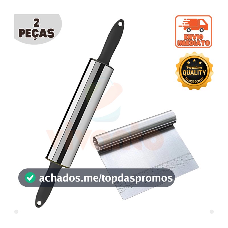 Kit Rolo Abrir Massas e Espátula Tubular Aço Inox com Medidor Premium Utensílios para Cozinha