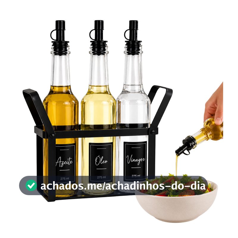 Galheteiro Porta Azeite Vidro 3 Potes Vinagre Azeiteite óleo + etiquetas