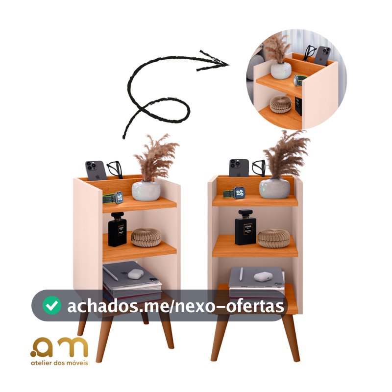Kit com 2 Mesa de Cabeceira Nicho Organizador, pés retrô em PVC e Porta-Celular Max