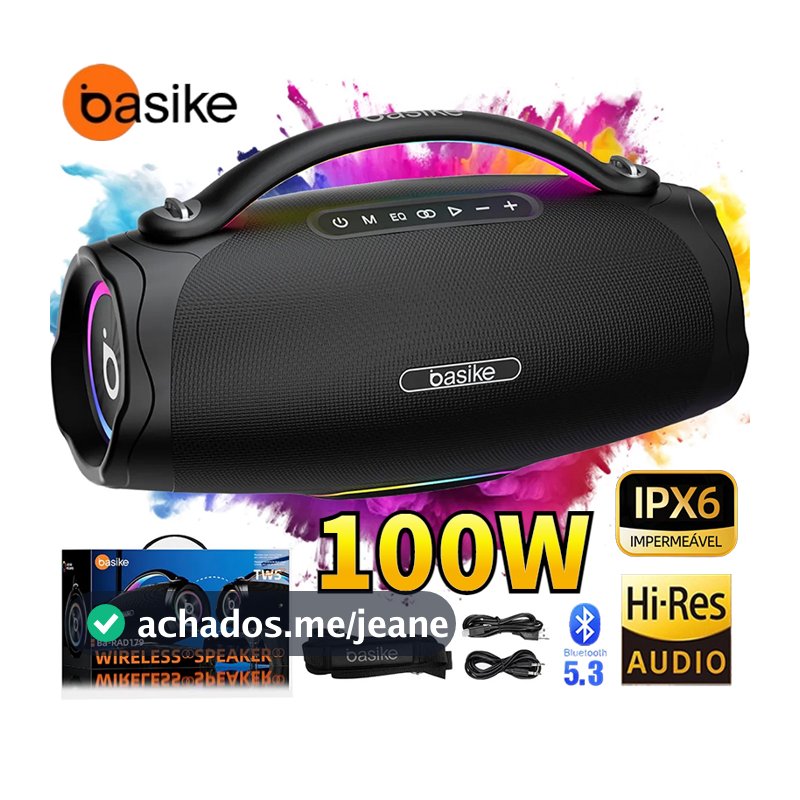BASIKE Caixa de som 100W bluetooth portátil IPX6 RGB TWS HiFi Usb Pen Drive