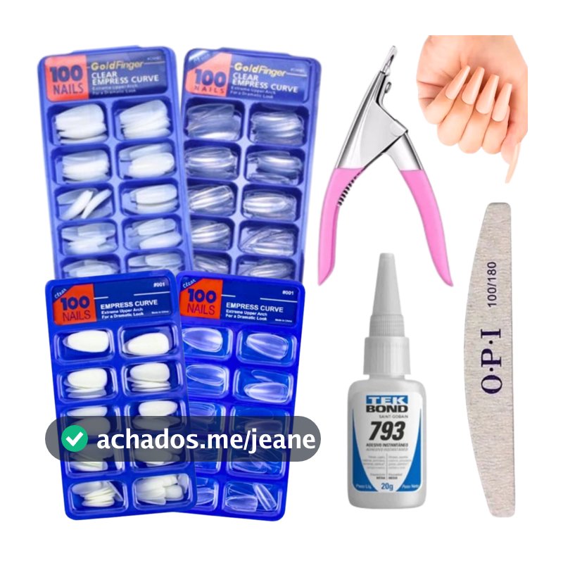 Kit Alongamento Unhas Profissional 100 Unhas Postiças + Cola Tekbond 793 + Alicate + Lixa