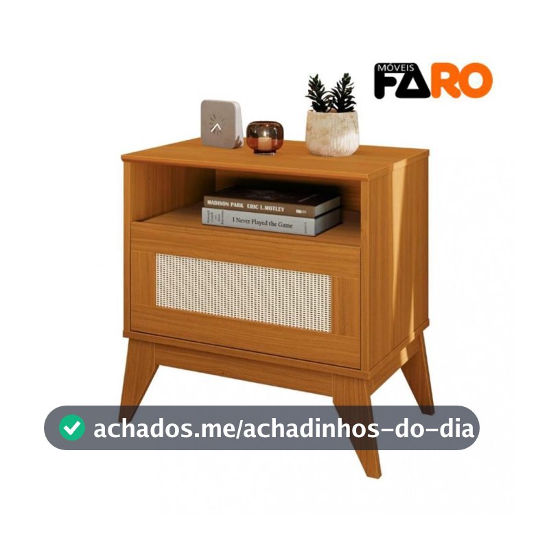 Mesa de Cabeceira Retrô Rattan com 1 Gaveta e Nicho - Pés em MDF EDN