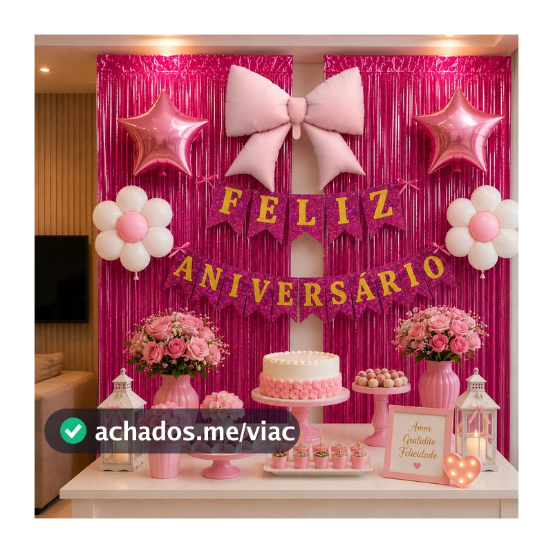 Decoração Feliz Aniversário Faixa Cortinas Balões Laço Borboleta Flor festa