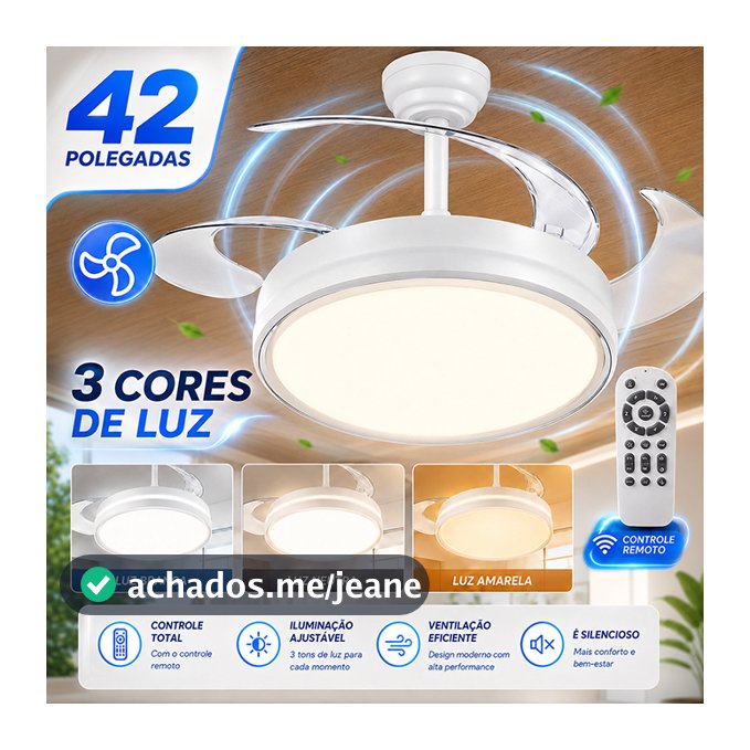 42 Ventilador de Teto Plafon 3 Pás Retrateis Ultra Silencioso LED Multicolor Moderno com Controle Nepul