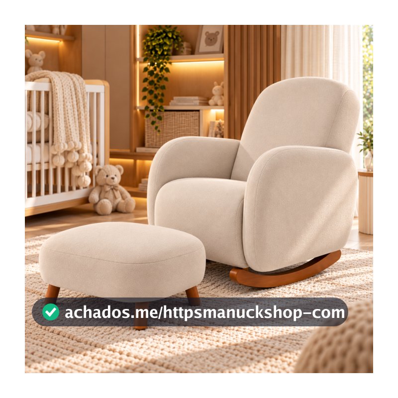 Poltrona Balanço Luxo Orgânica Boucle Bege ou Cinza com Puff para Sala Moderna